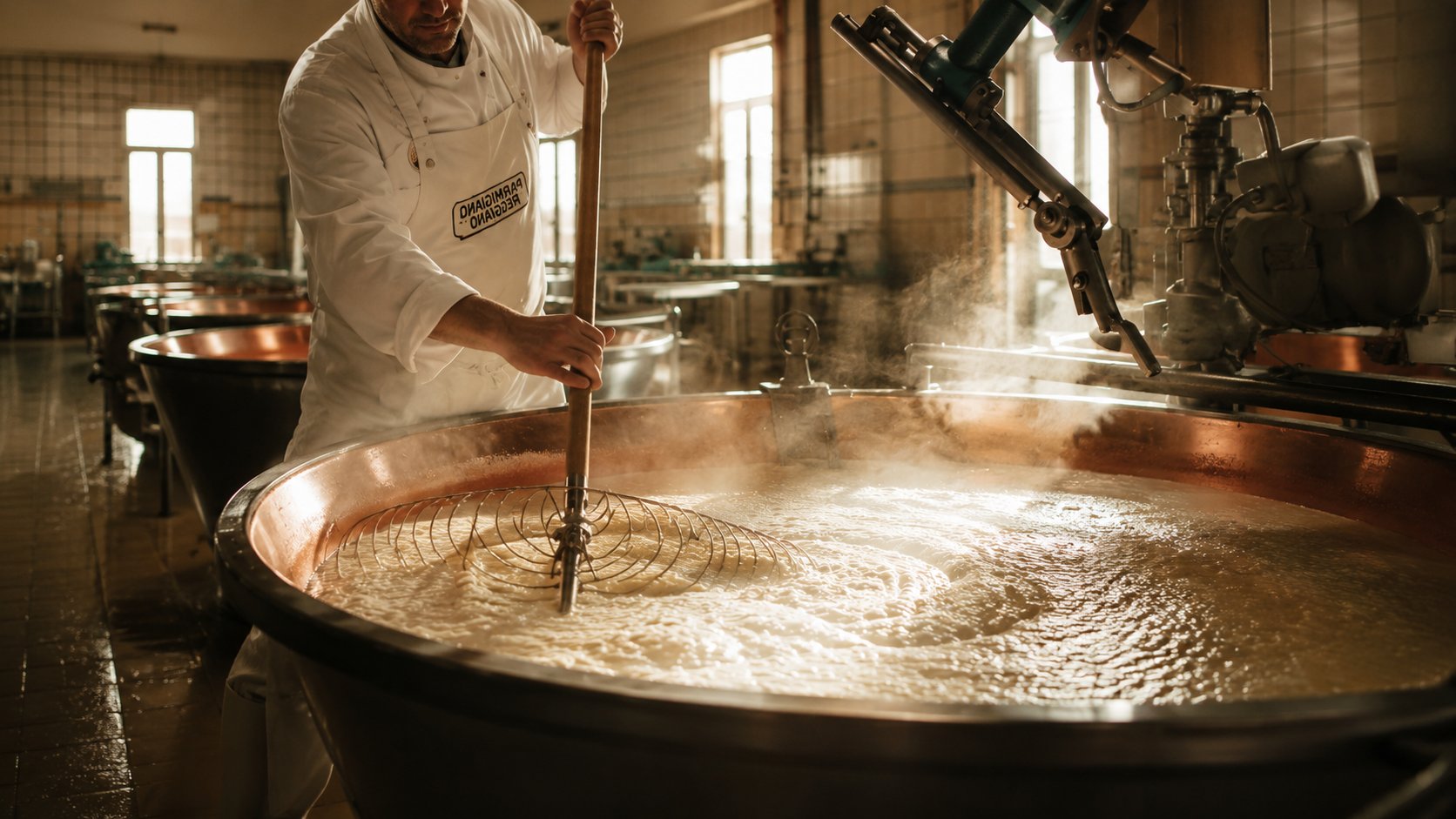 Parmigiano Reggiano producer stirring curds with a traditional spino whisk in a copper vat during cheese-making